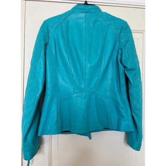 NEIMAN MARCUS COLLECTION TEAL BLUE LEATHER MOTO JACKET - SIZE M - Picture 6 of 9